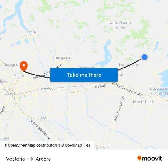 Vestone to Arcore map