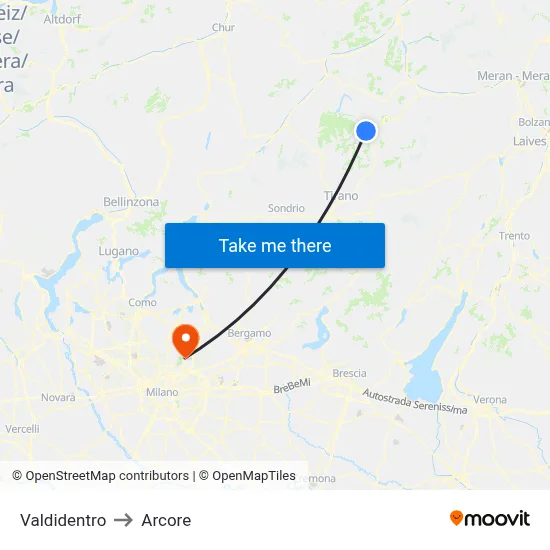 Valdidentro to Arcore map