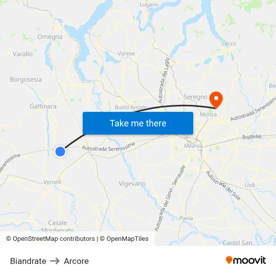 Biandrate to Arcore map
