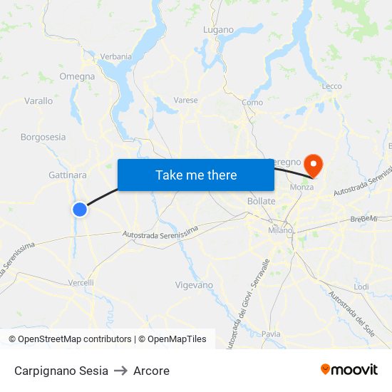 Carpignano Sesia to Arcore map