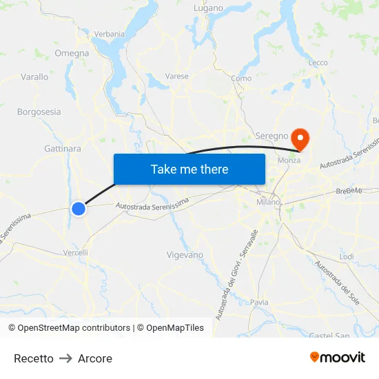 Recetto to Arcore map