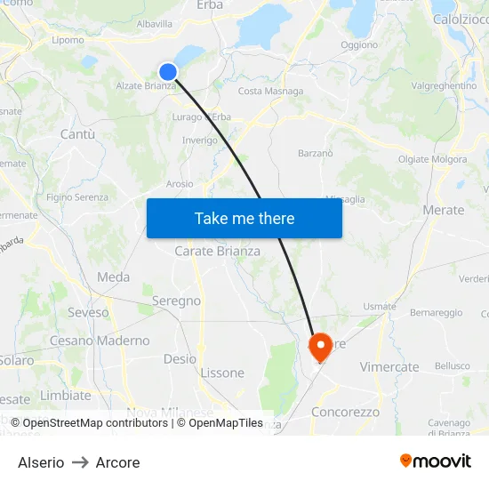 Alserio to Arcore map