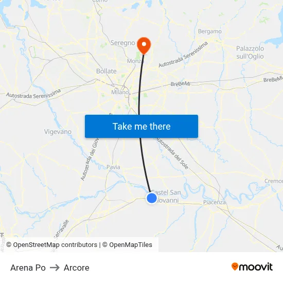 Arena Po to Arcore map