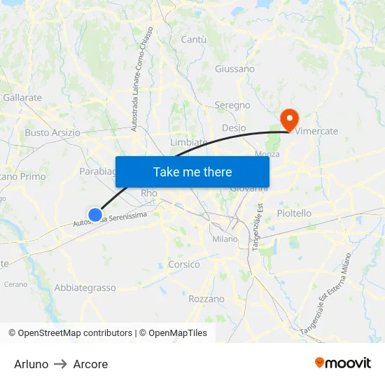 Arluno to Arcore map
