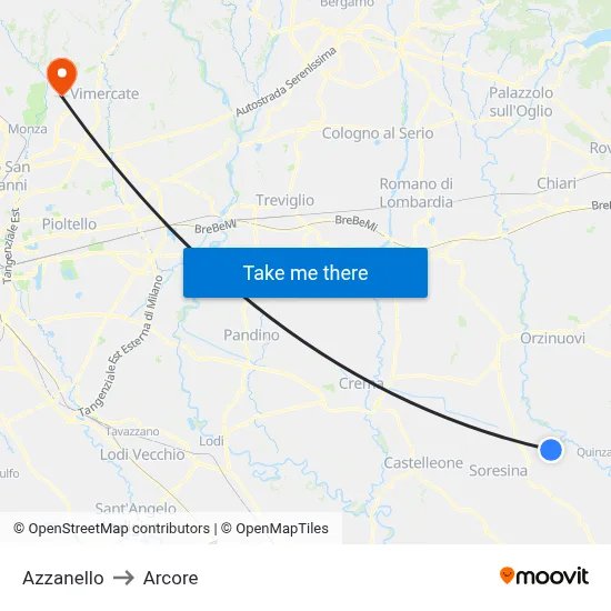 Azzanello to Arcore map