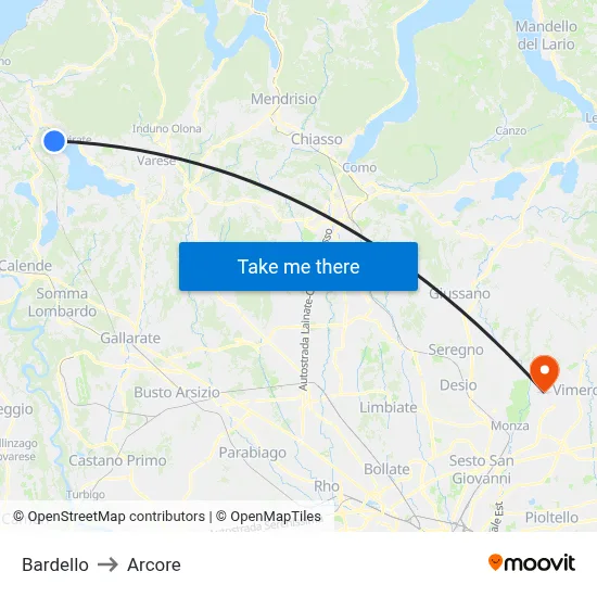 Bardello to Arcore map