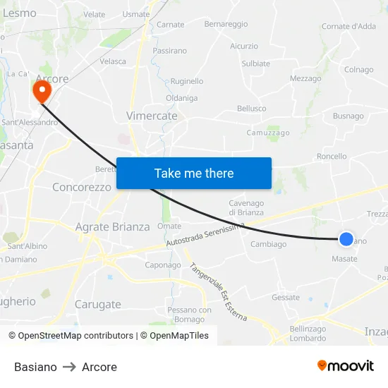 Basiano to Arcore map