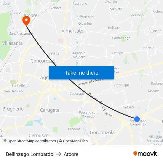 Bellinzago Lombardo to Arcore map