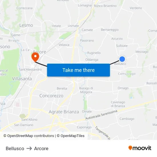 Bellusco to Arcore map