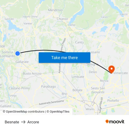 Besnate to Arcore map