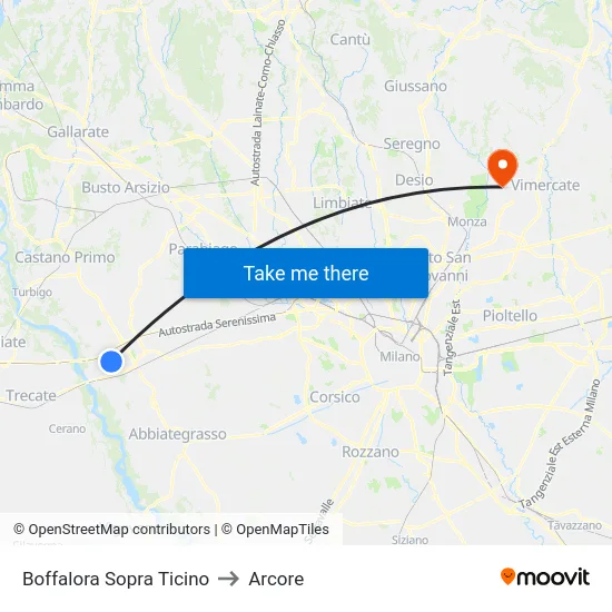 Boffalora Sopra Ticino to Arcore map