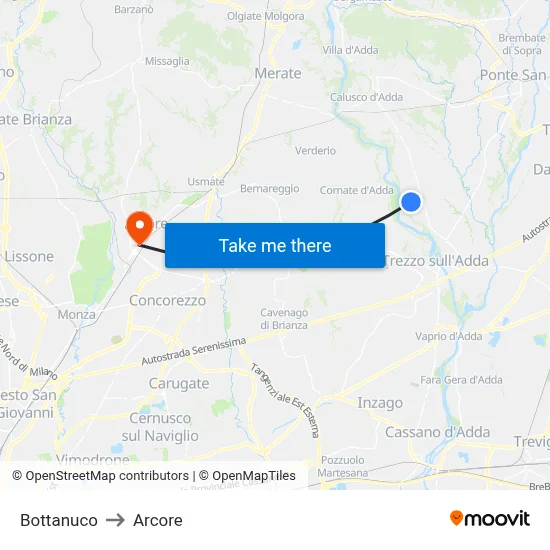 Bottanuco to Arcore map