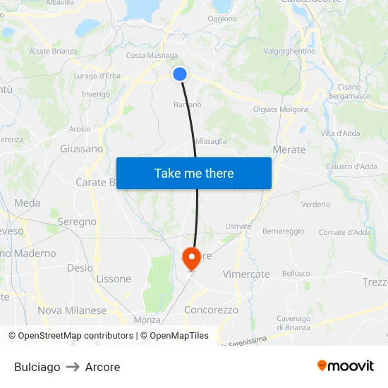 Bulciago to Arcore map