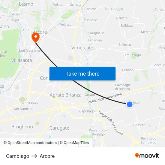 Cambiago to Arcore map