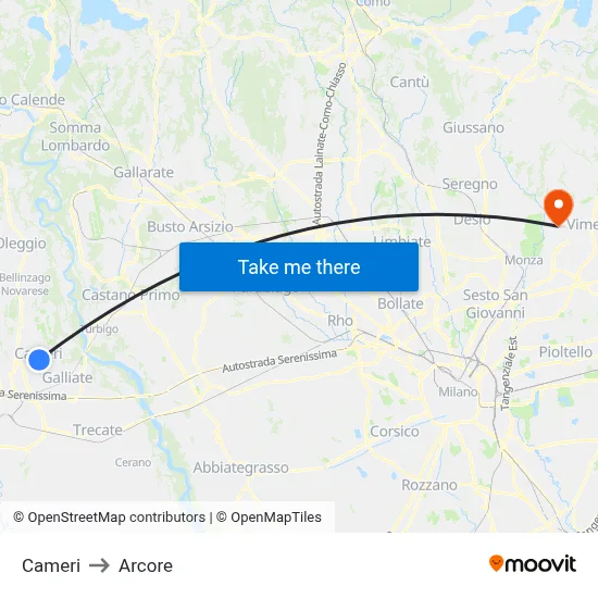 Cameri to Arcore map
