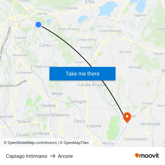 Capiago Intimiano to Arcore map