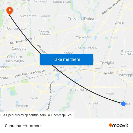 Capralba to Arcore map