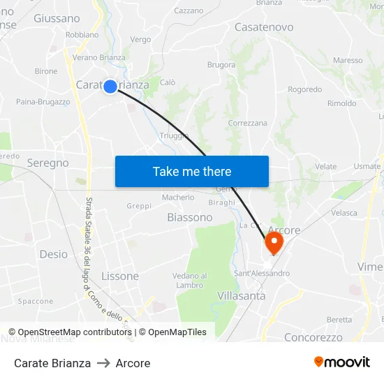 Carate Brianza to Arcore map