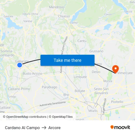 Cardano Al Campo to Arcore map