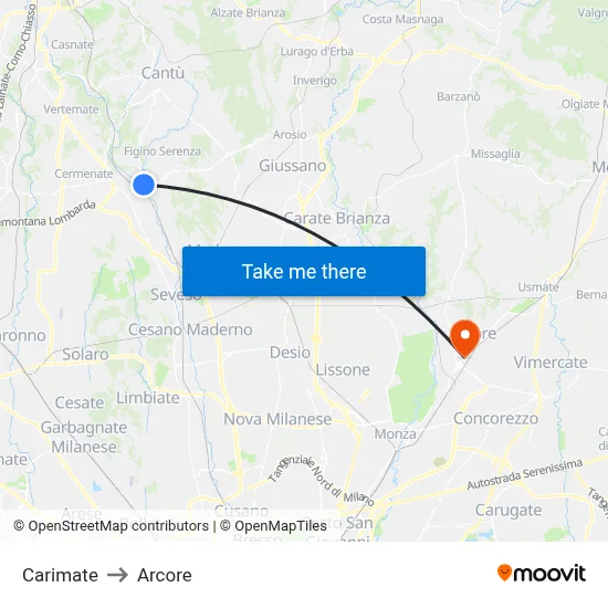 Carimate to Arcore map