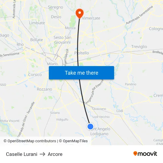 Caselle Lurani to Arcore map