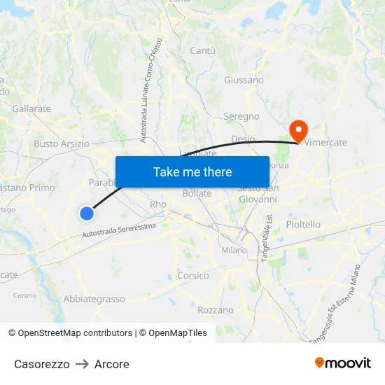 Casorezzo to Arcore map