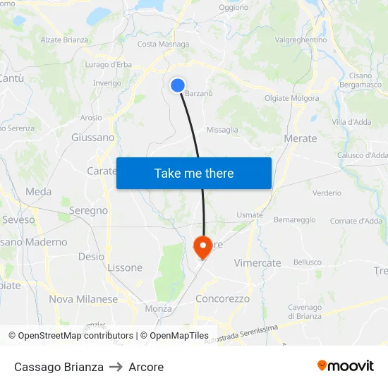 Cassago Brianza to Arcore map