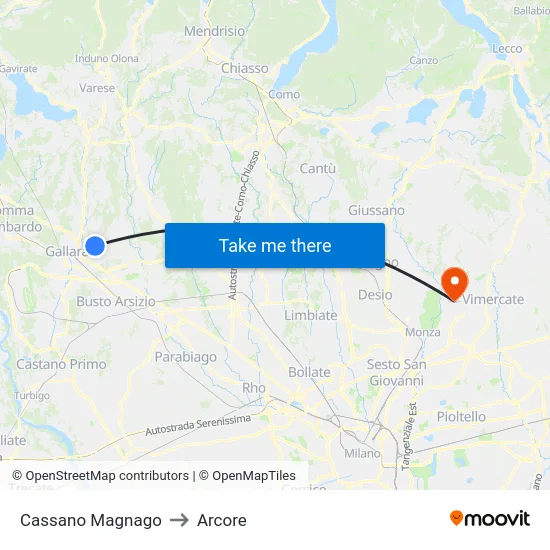 Cassano Magnago to Arcore map