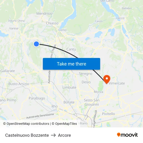 Castelnuovo Bozzente to Arcore map