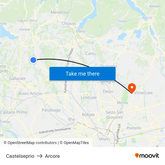 Castelseprio to Arcore map