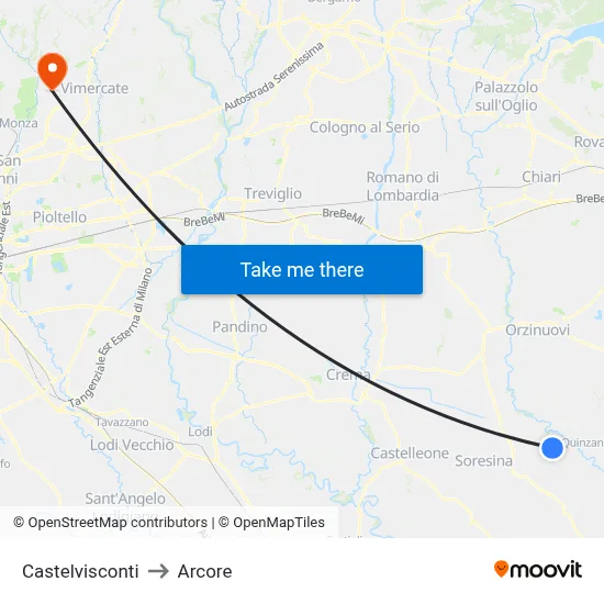 Castelvisconti to Arcore map