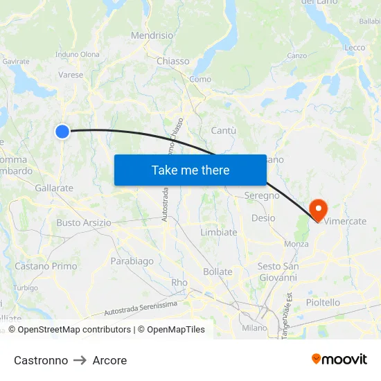 Castronno to Arcore map