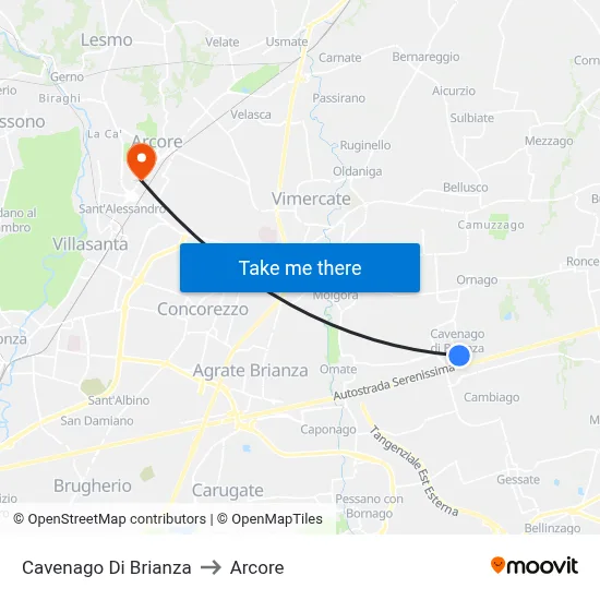Cavenago Di Brianza to Arcore map