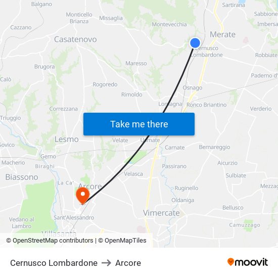 Cernusco Lombardone to Arcore map