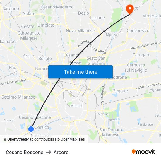 Cesano Boscone to Arcore map