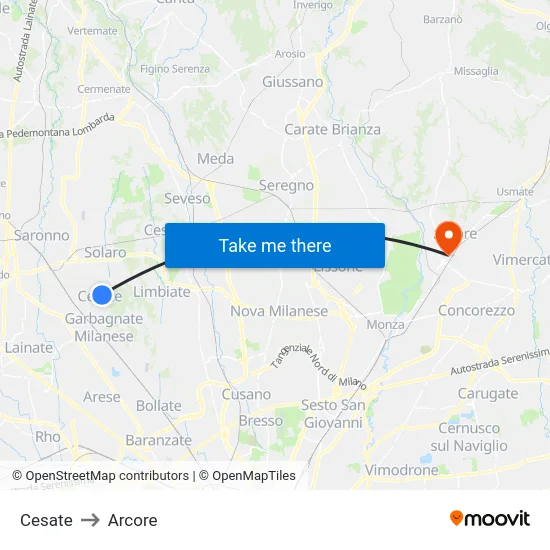 Cesate to Arcore map
