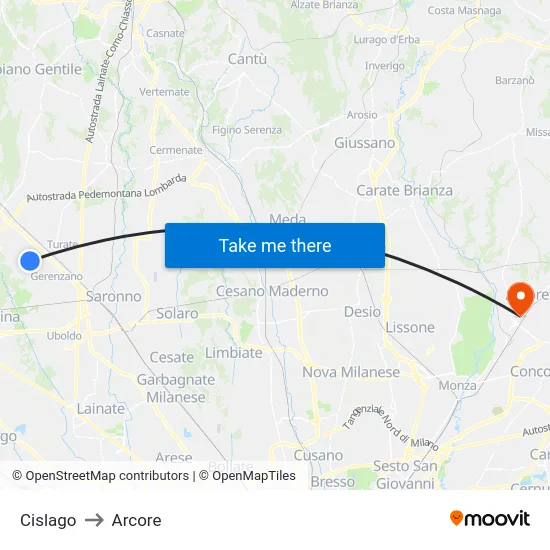 Cislago to Arcore map