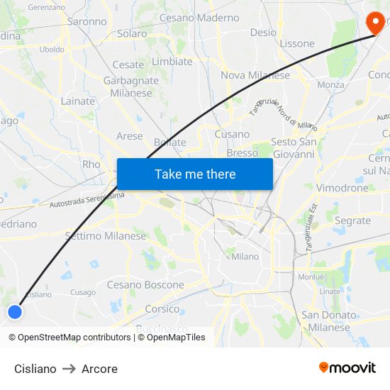 Cisliano to Arcore map