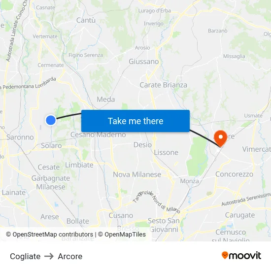 Cogliate to Arcore map