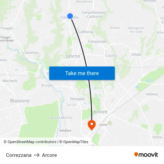Correzzana to Arcore map