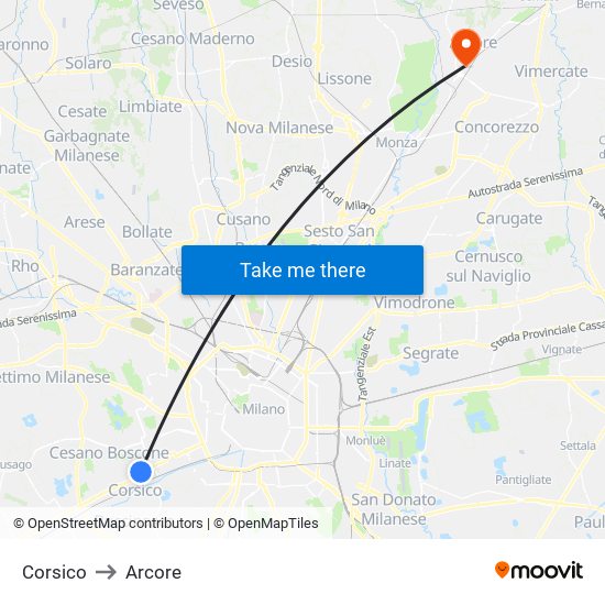 Corsico to Arcore map