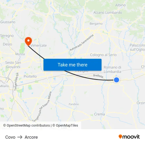 Covo to Arcore map