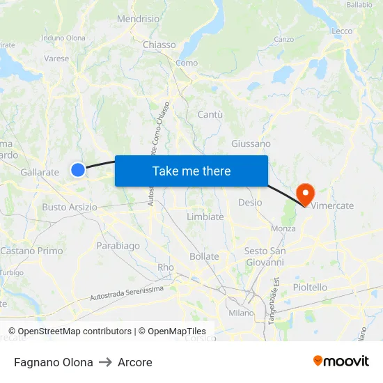 Fagnano Olona to Arcore map