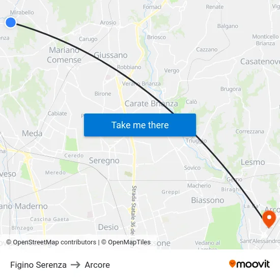 Figino Serenza to Arcore map