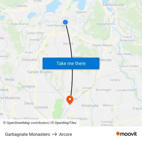 Garbagnate Monastero to Arcore map
