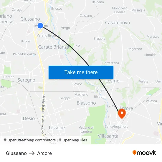 Giussano to Arcore map