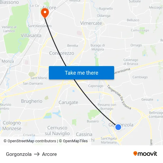 Gorgonzola to Arcore map
