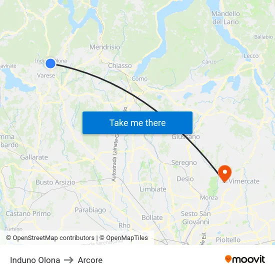 Induno Olona to Arcore map