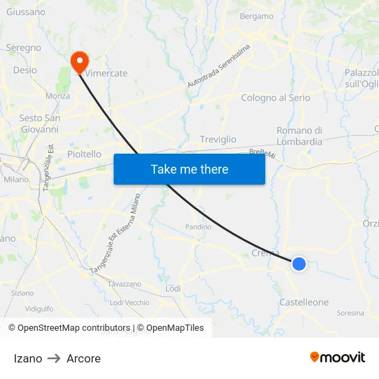 Izano to Arcore map
