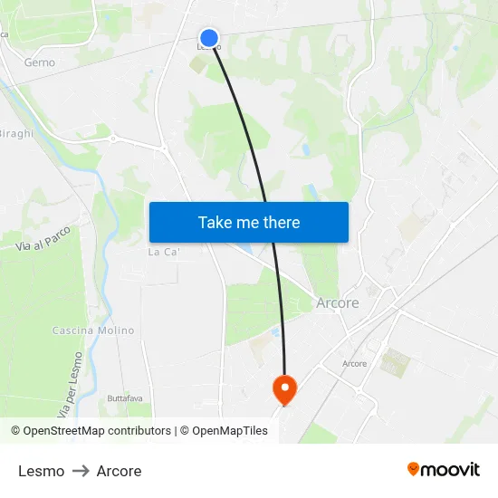 Lesmo to Arcore map